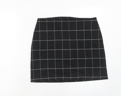 H&M Womens Black Check Polyester A-Line Skirt Size 14 Zip