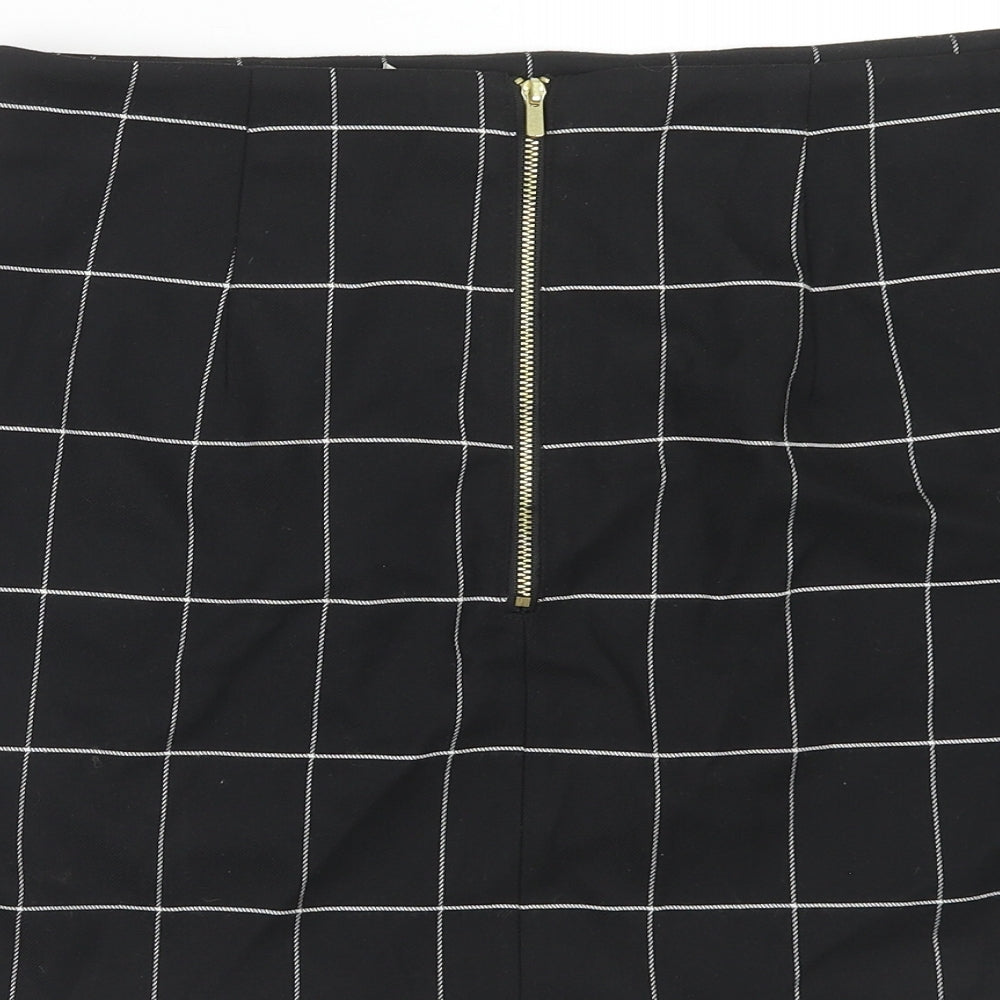H&M Womens Black Check Polyester A-Line Skirt Size 14 Zip