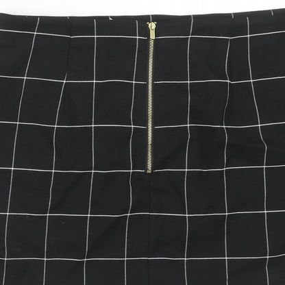 H&M Womens Black Check Polyester A-Line Skirt Size 14 Zip