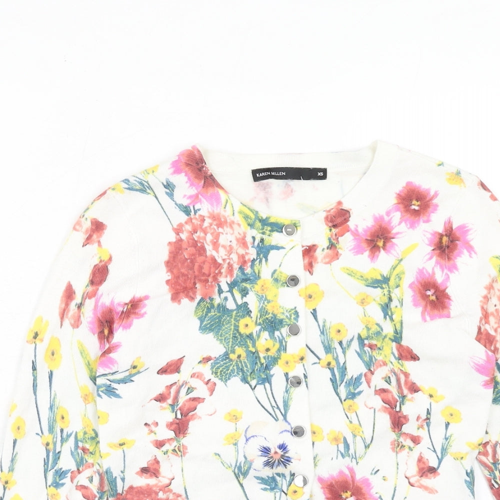 Karen Millen Womens White Round Neck Floral Viscose Cardigan Jumper Size XS