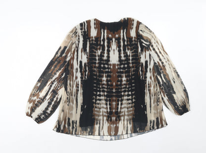 Latino Womens Brown Geometric Polyester Basic Blouse Size 10 V-Neck