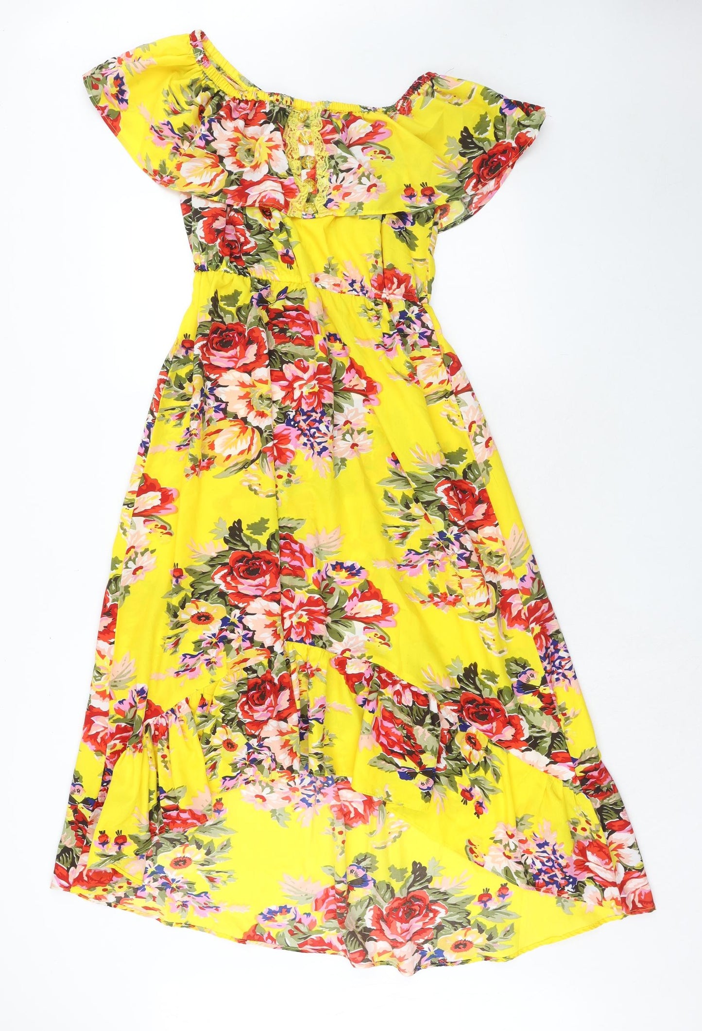 Lily Womens Yellow Floral Polyester Trapeze & Swing Size XS Round Neck Pullover