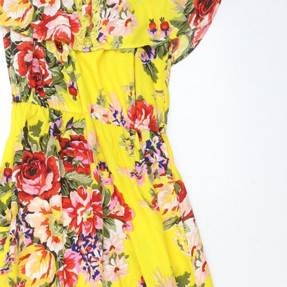Lily Womens Yellow Floral Polyester Trapeze & Swing Size XS Round Neck Pullover