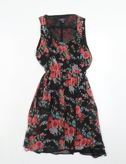 Rare Womens Red Floral Polyester Fit & Flare Size 8 Scoop Neck Pullover