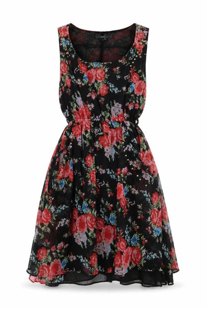 Rare Womens Red Floral Polyester Fit & Flare Size 8 Scoop Neck Pullover