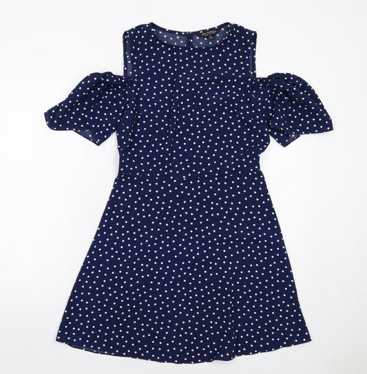 Miss Selfridge Womens Blue Polka Dot Polyester A-Line Size 10 Round Neck Zip - Cold Shoulder