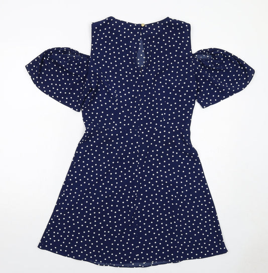 Miss Selfridge Womens Blue Polka Dot Polyester A-Line Size 10 Round Neck Zip - Cold Shoulder