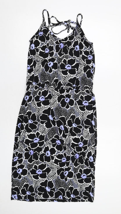 Warehouse Womens Black Floral Viscose Tank Dress Size 10 Round Neck Pullover