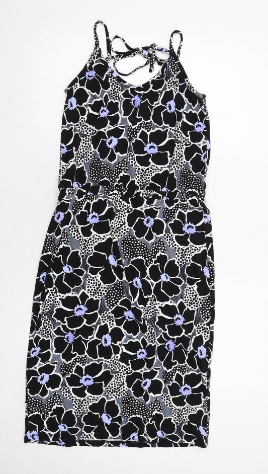 Warehouse Womens Black Floral Viscose Tank Dress Size 10 Round Neck Pullover