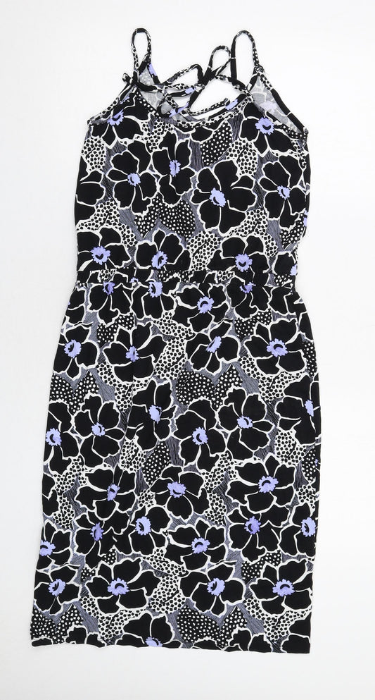 Warehouse Womens Black Floral Viscose Tank Dress Size 10 Round Neck Pullover