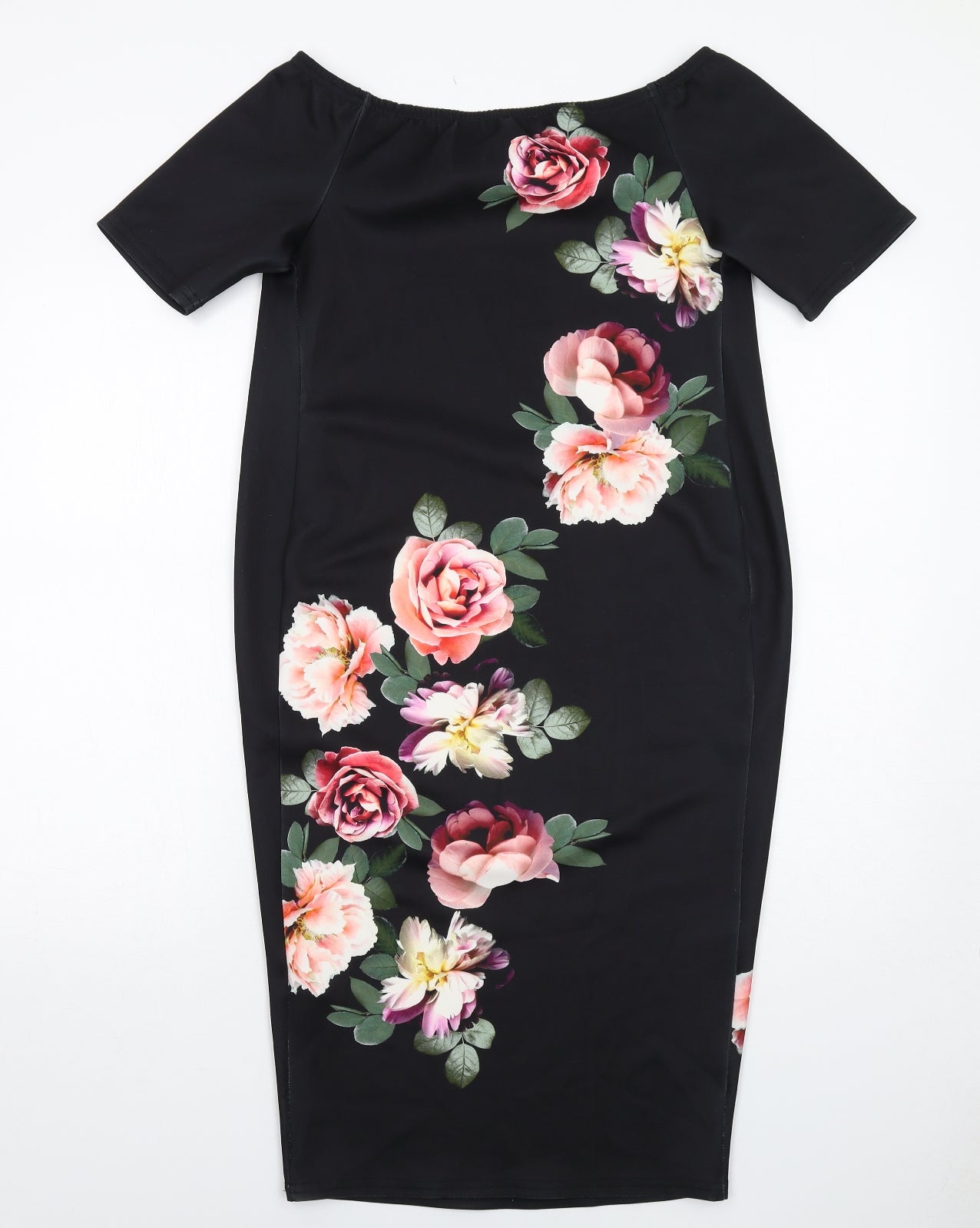 New Look Womens Black Floral Polyester A-Line Size 10 Boat Neck Pullover