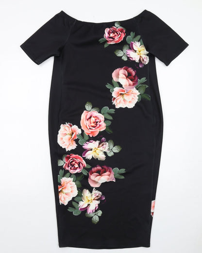 New Look Womens Black Floral Polyester A-Line Size 10 Boat Neck Pullover