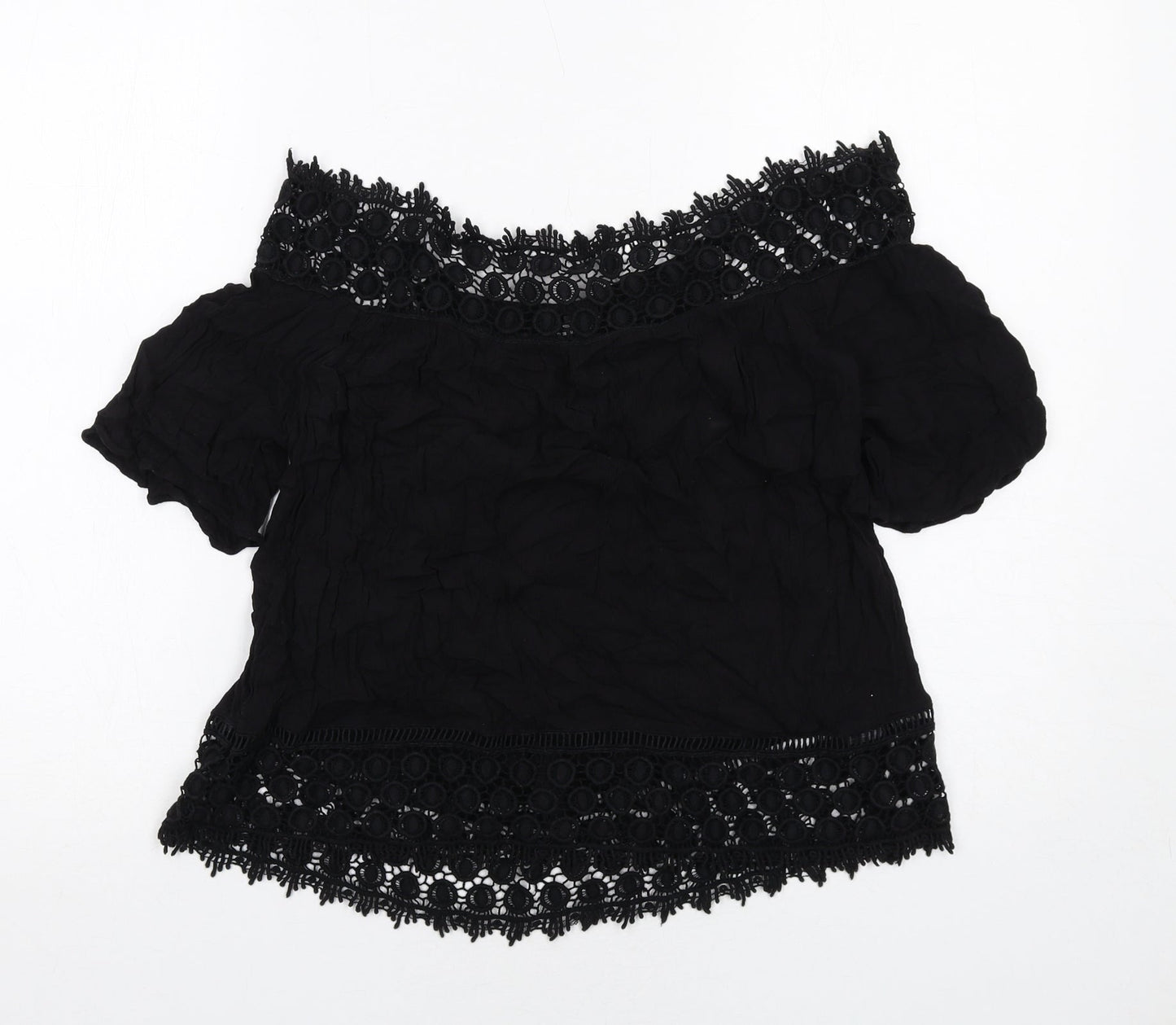 Miss Selfridge Womens Black Viscose Basic Blouse Size 10 Off the Shoulder - Crocheted Lace Trim