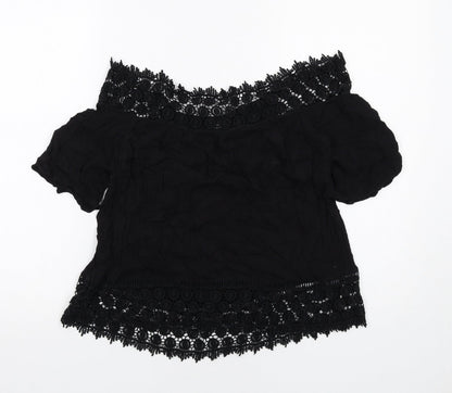 Miss Selfridge Womens Black Viscose Basic Blouse Size 10 Off the Shoulder - Crocheted Lace Trim