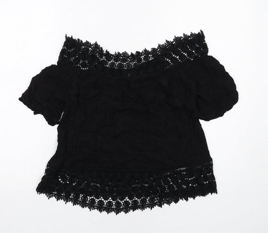 Miss Selfridge Womens Black Viscose Basic Blouse Size 10 Off the Shoulder - Crocheted Lace Trim