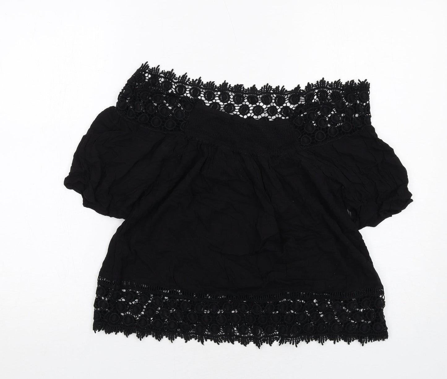 Miss Selfridge Womens Black Viscose Basic Blouse Size 10 Off the Shoulder - Crocheted Lace Trim
