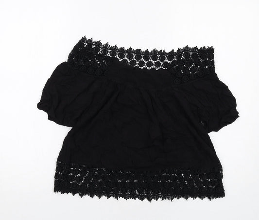 Miss Selfridge Womens Black Viscose Basic Blouse Size 10 Off the Shoulder - Crocheted Lace Trim