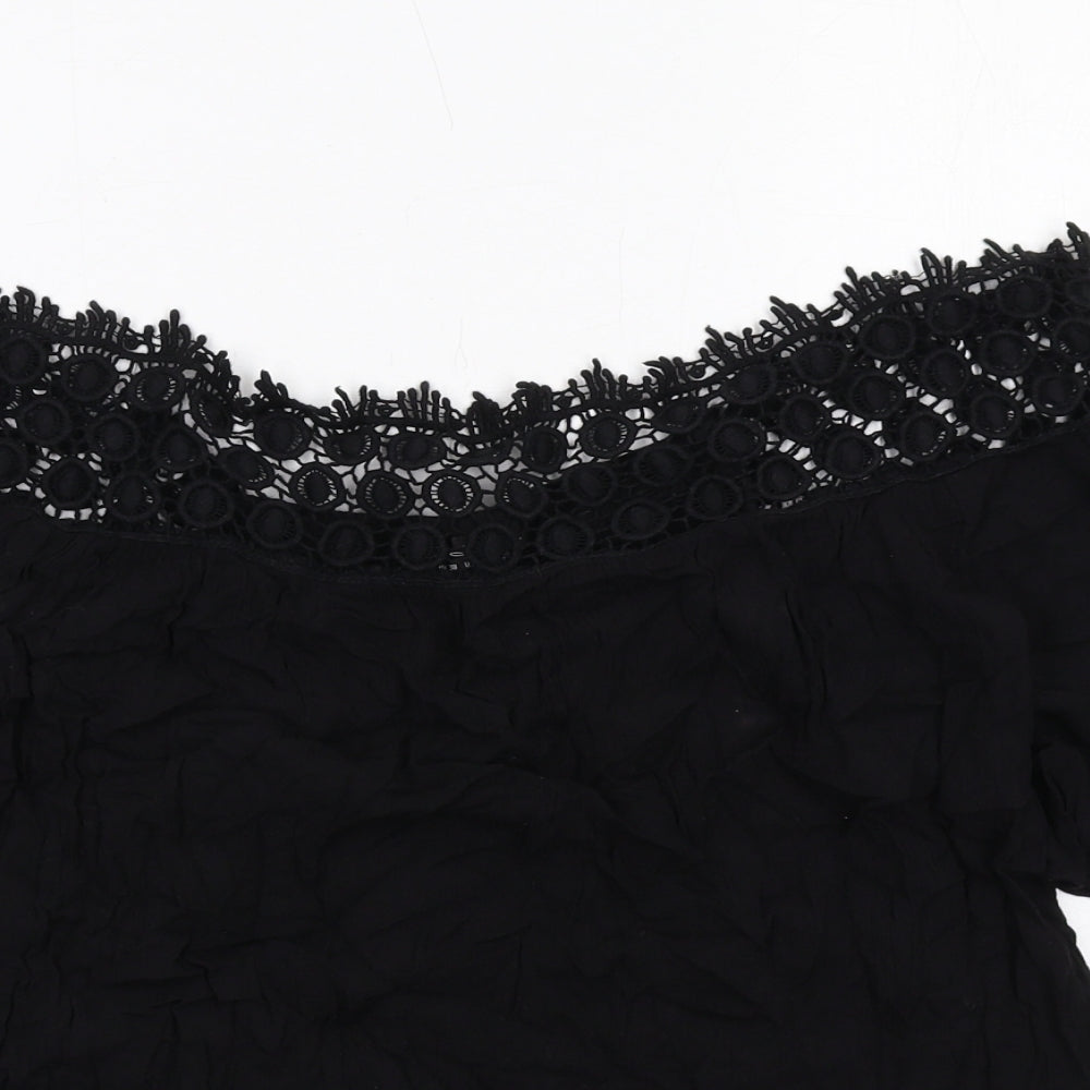 Miss Selfridge Womens Black Viscose Basic Blouse Size 10 Off the Shoulder - Crocheted Lace Trim