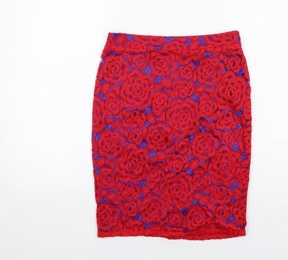 Marks and Spencer Womens Red Floral Polyamide A-Line Skirt Size 8 Zip