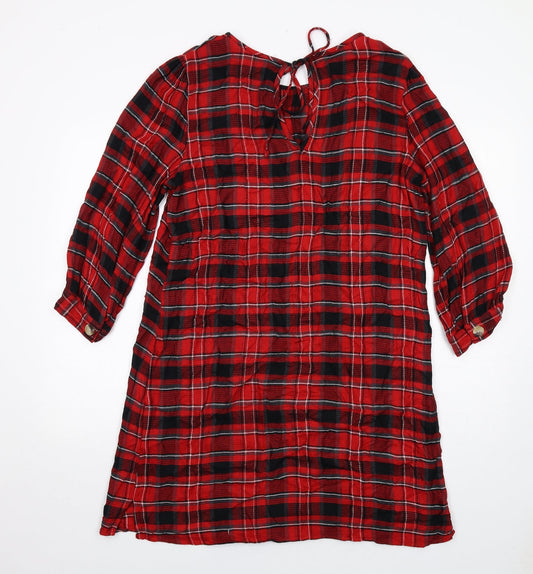 Zara Womens Red Plaid Viscose A-Line Size 14 Round Neck Tie