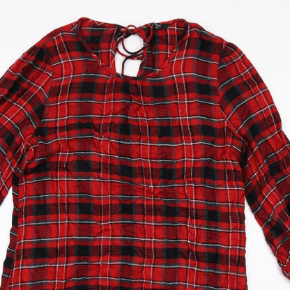 Zara Womens Red Plaid Viscose A-Line Size 14 Round Neck Tie