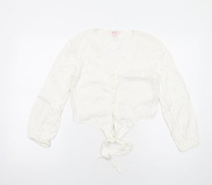 Miss Selfridge Womens White Viscose Basic Button-Up Size 8 V-Neck - Tie Front