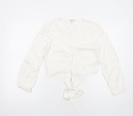 Miss Selfridge Womens White Viscose Basic Button-Up Size 8 V-Neck - Tie Front