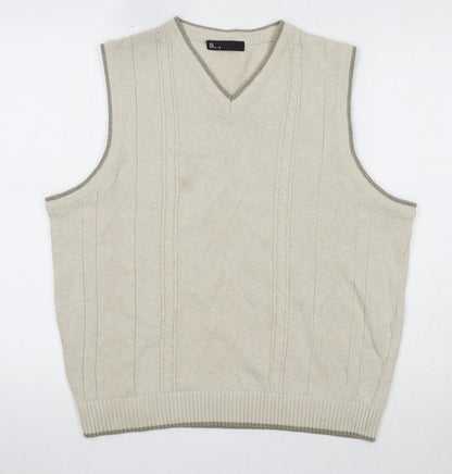 BHS Mens Beige V-Neck Herringbone Cotton Vest Jumper Size S Sleeveless