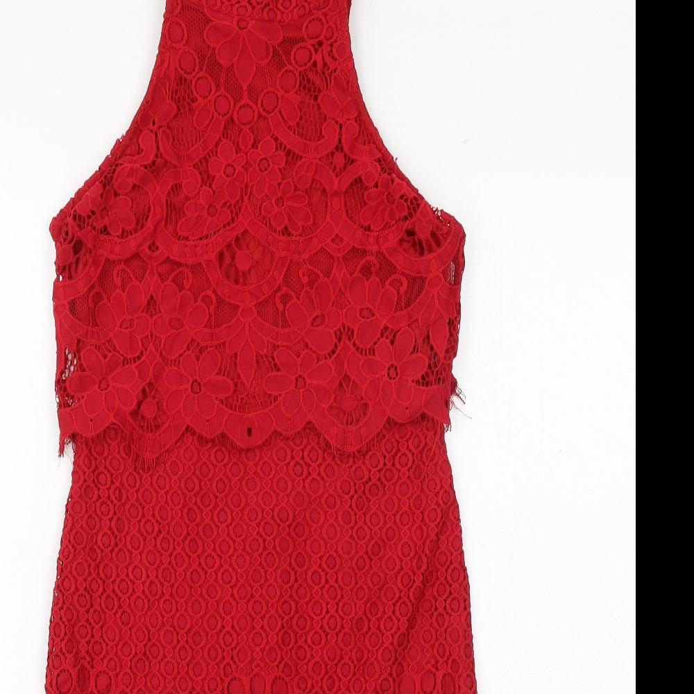 Missguided Womens Red Geometric Nylon A-Line Size 10 Halter Zip