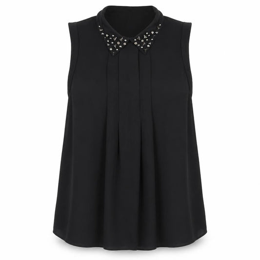 Front view of Cooperative women’s black polyester basic tank, size S, collared