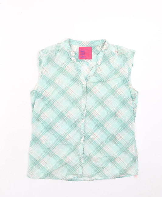 DECATHLON Womens Green Plaid Polyester Basic Button-Up Size 10 V-Neck