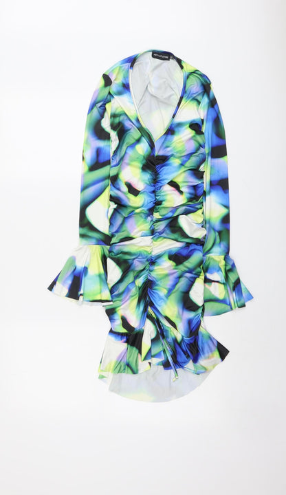 PRETTYLITTLETHING Womens Multicoloured Geometric Polyester Bodycon Size 6 V-Neck Pullover