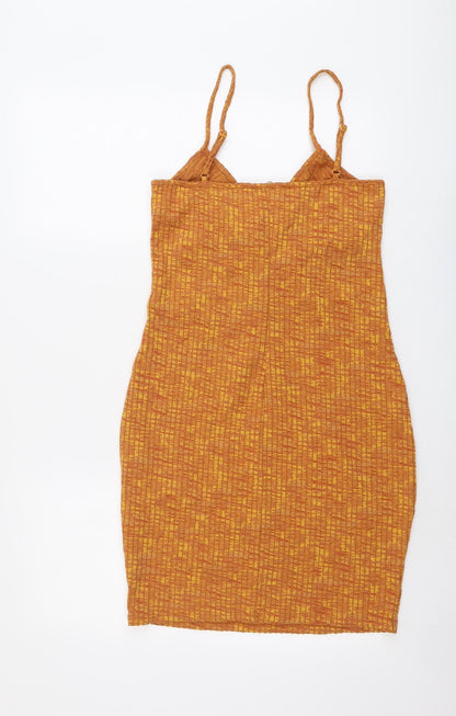 H&M Womens Orange Polyester Slip Dress Size M V-Neck Pullover - Ribbed