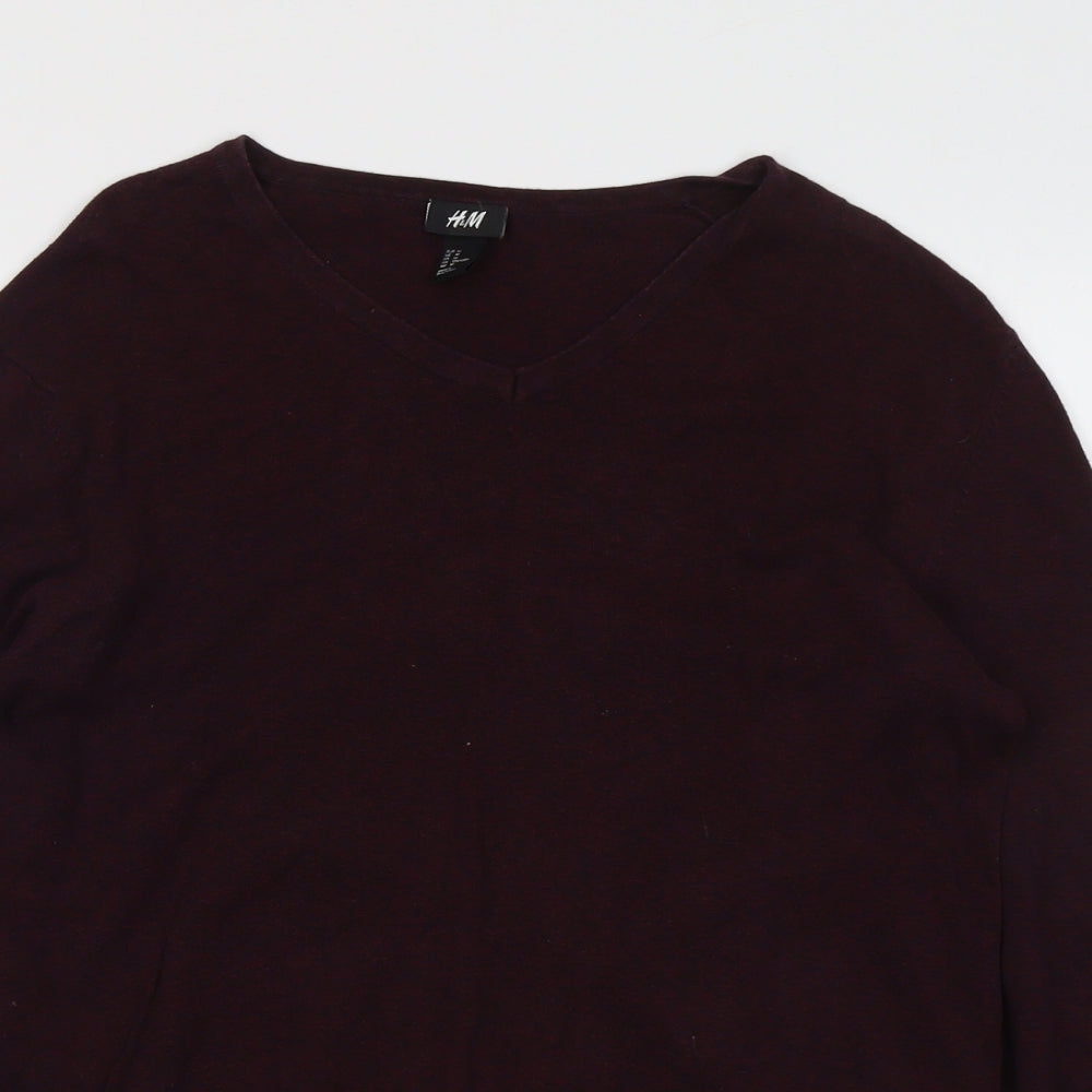 H&M Mens Purple V-Neck Cotton Pullover Jumper Size M Long Sleeve