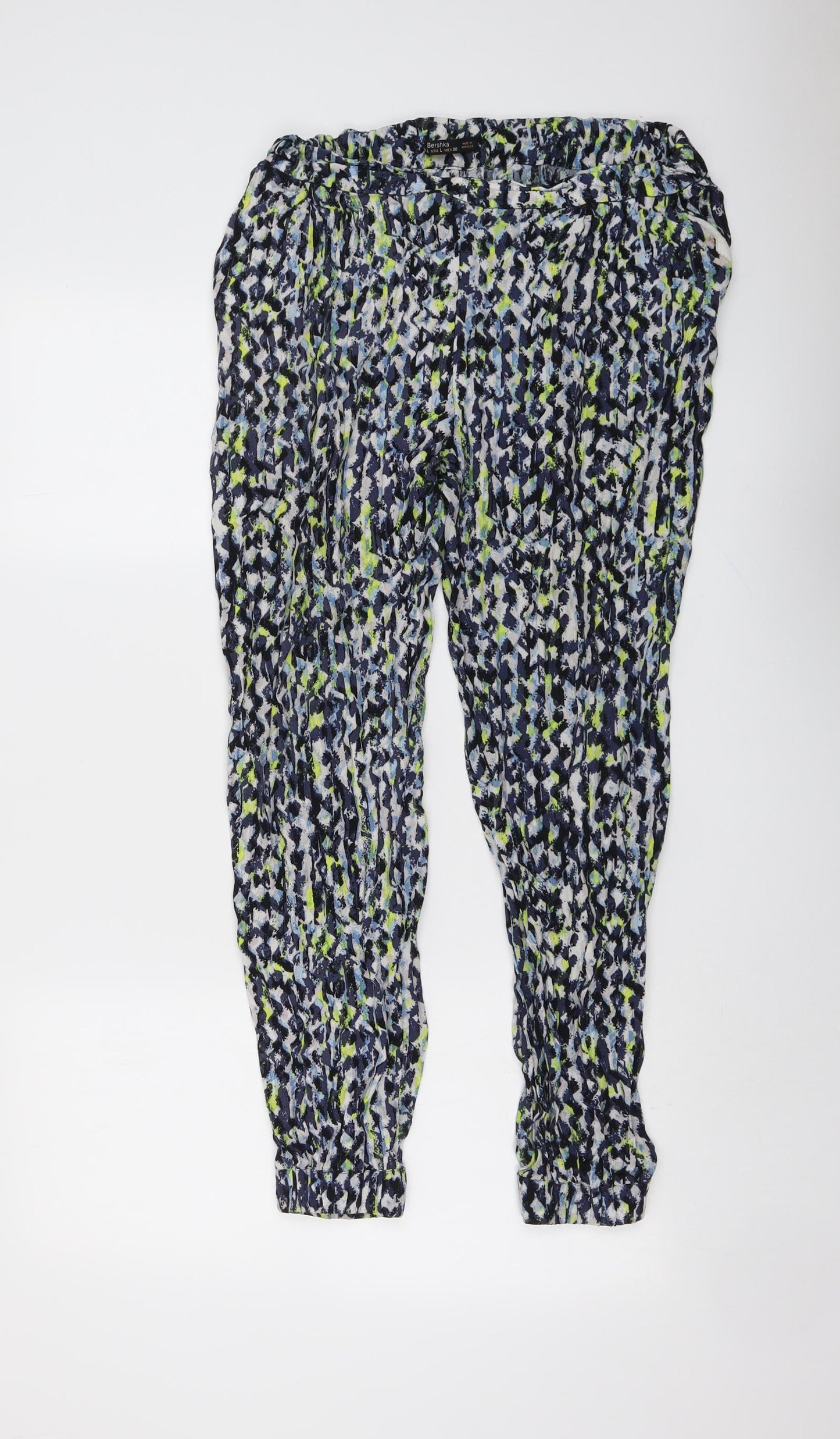 Bershka Womens Blue Geometric Viscose Trousers Size L L27 in Regular