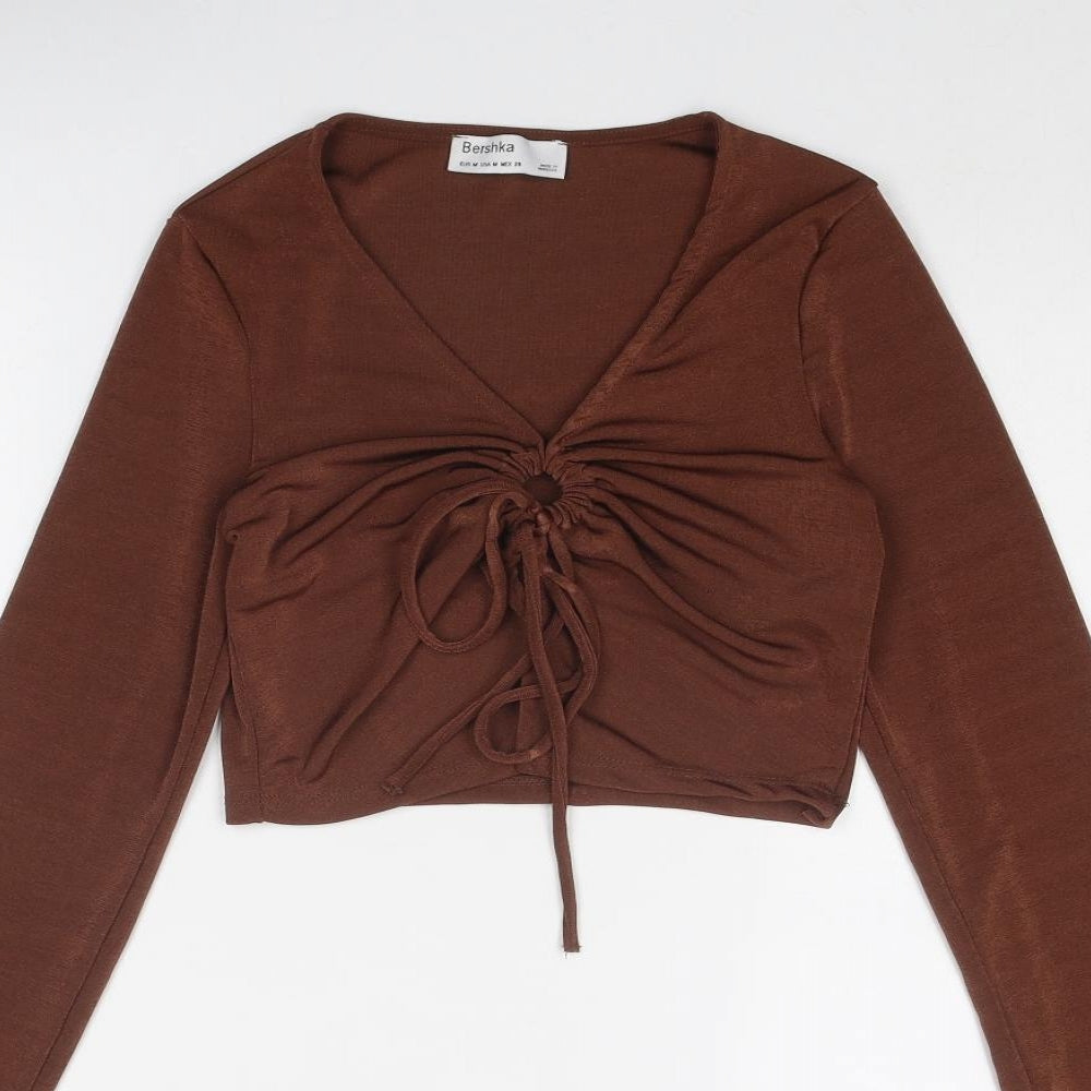Womens UK Size M Bershka Brown Cropped Blouse