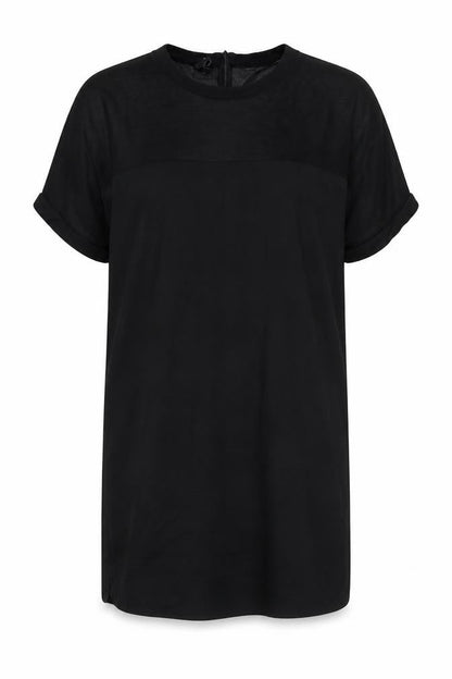 Mango Womens Black Cotton T-Shirt Dress Size L Round Neck Zip - Mesh Detail