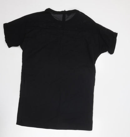 Mango Womens Black Cotton T-Shirt Dress Size L Round Neck Zip - Mesh Detail
