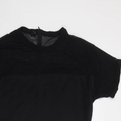 Mango Womens Black Cotton T-Shirt Dress Size L Round Neck Zip - Mesh Detail