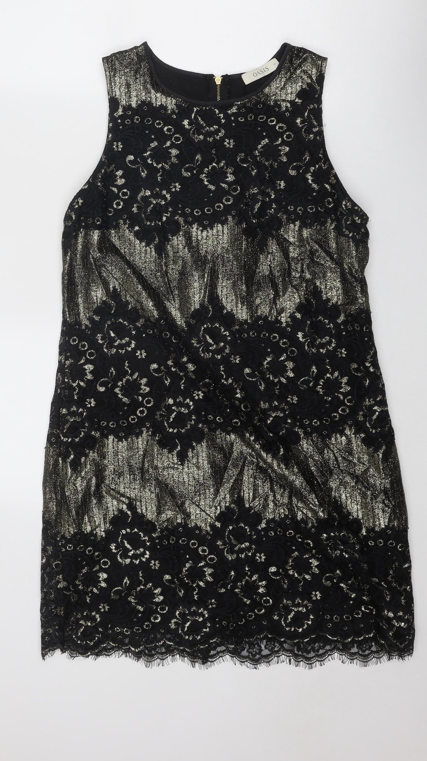 Oasis Womens Black Geometric Polyamide Shift Size 14 Boat Neck Zip - Lace Detail