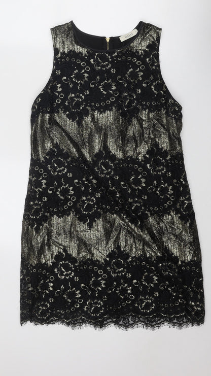 Oasis Womens Black Geometric Polyamide Shift Size 14 Boat Neck Zip - Lace Detail
