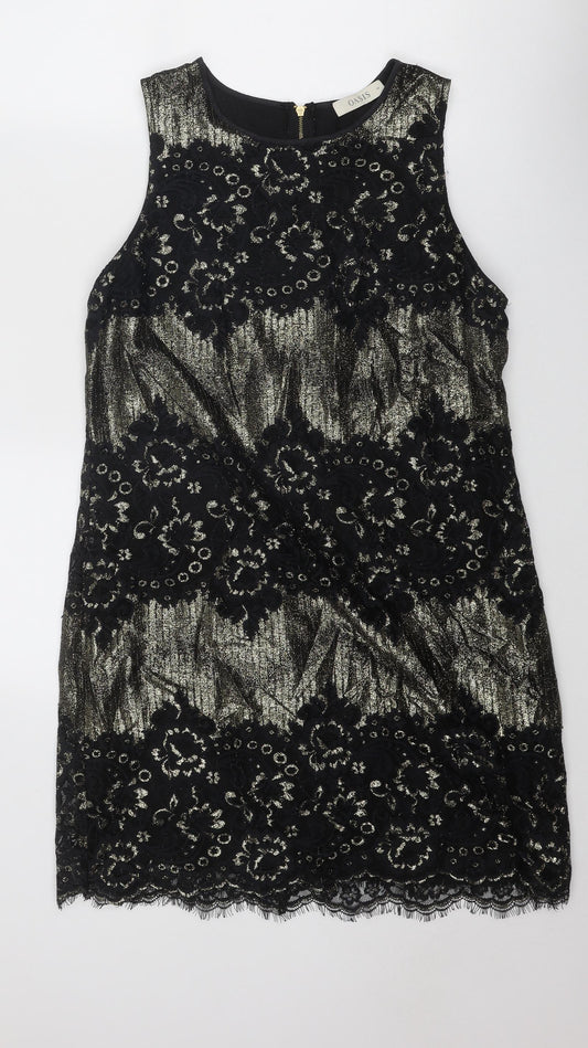 Oasis Womens Black Geometric Polyamide Shift Size 14 Boat Neck Zip - Lace Detail