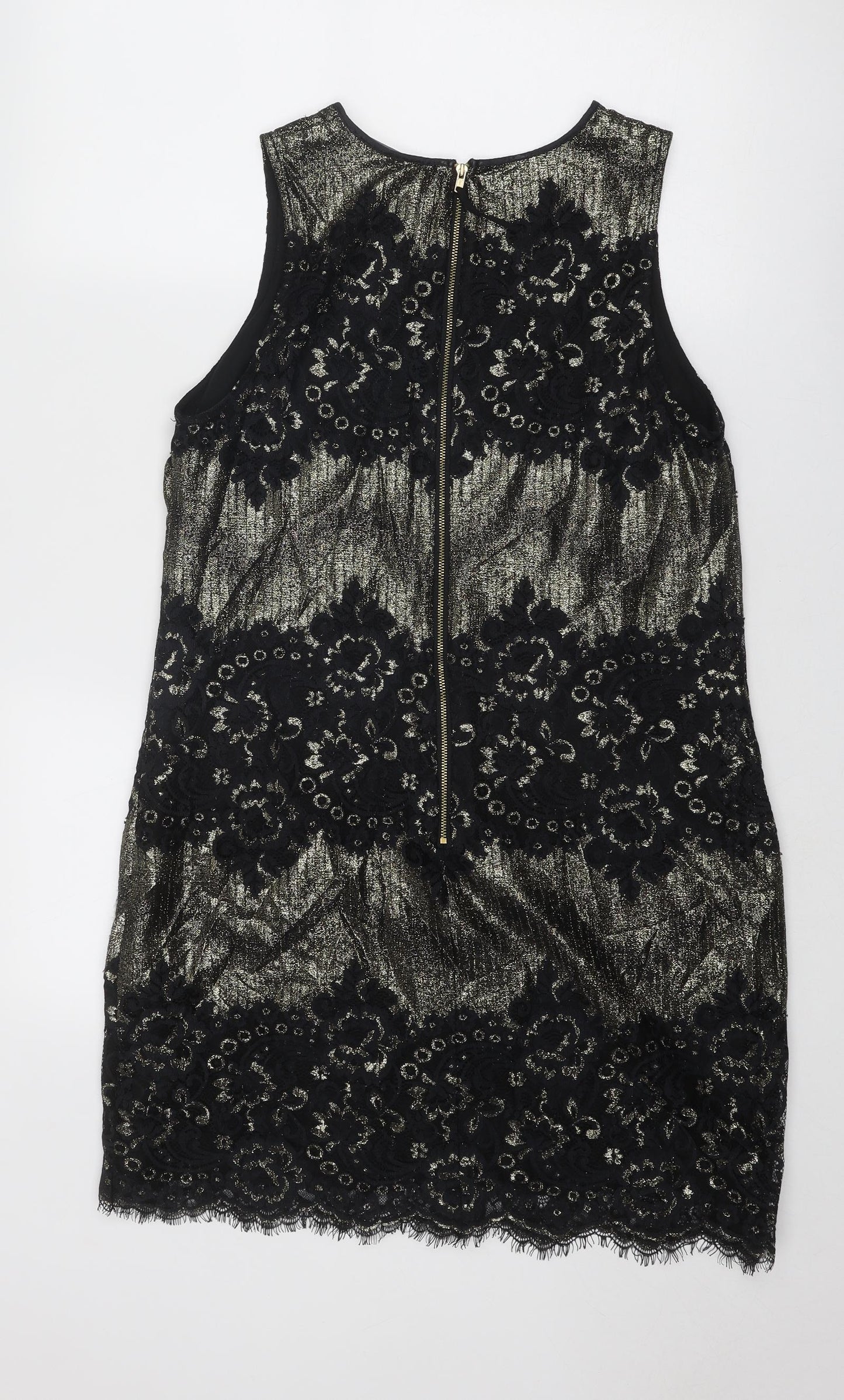 Oasis Womens Black Geometric Polyamide Shift Size 14 Boat Neck Zip - Lace Detail