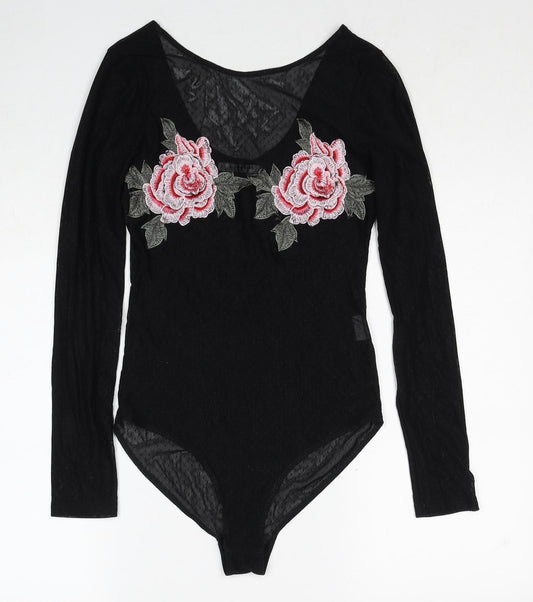 Glamorous Womens Black Polyester Bodysuit One-Piece Size 8 Snap - Rose Detail