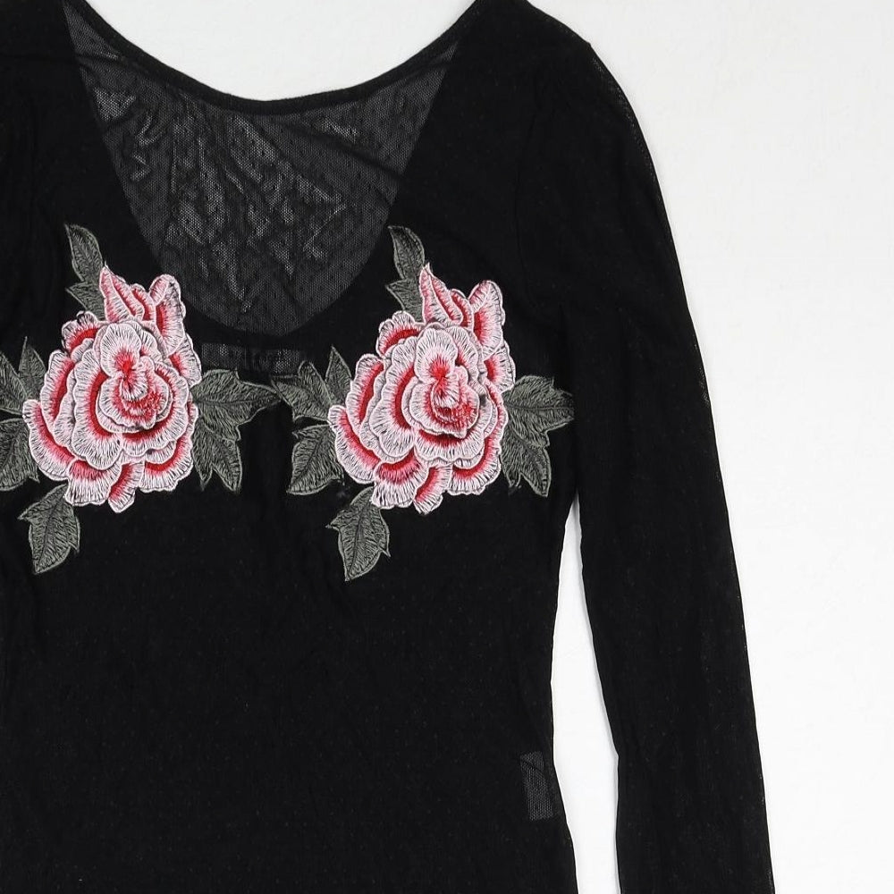 Glamorous Womens Black Polyester Bodysuit One-Piece Size 8 Snap - Rose Detail