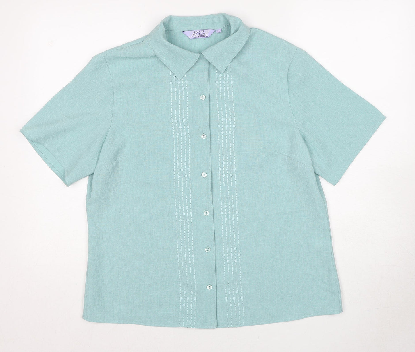 EWM Womens Blue Polyester Basic Button-Up Size 14 Collared