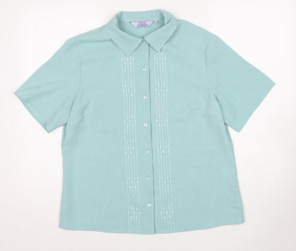 EWM Womens Blue Polyester Basic Button-Up Size 14 Collared