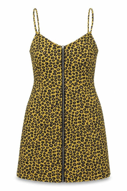 Nasty Gal Womens Yellow Animal Print Cotton Slip Dress Size 10 V-Neck Zip - Leopard Pattern