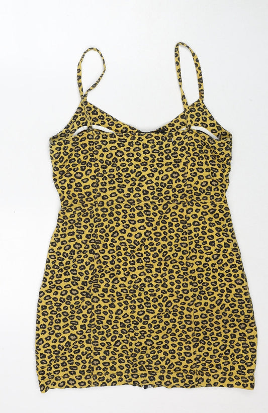 Nasty Gal Womens Yellow Animal Print Cotton Slip Dress Size 10 V-Neck Zip - Leopard Pattern