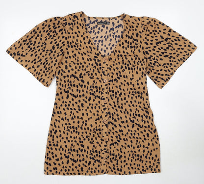Boohoo Womens Brown Animal Print Polyester A-Line Size 10 V-Neck Button - Cheetah Pattern